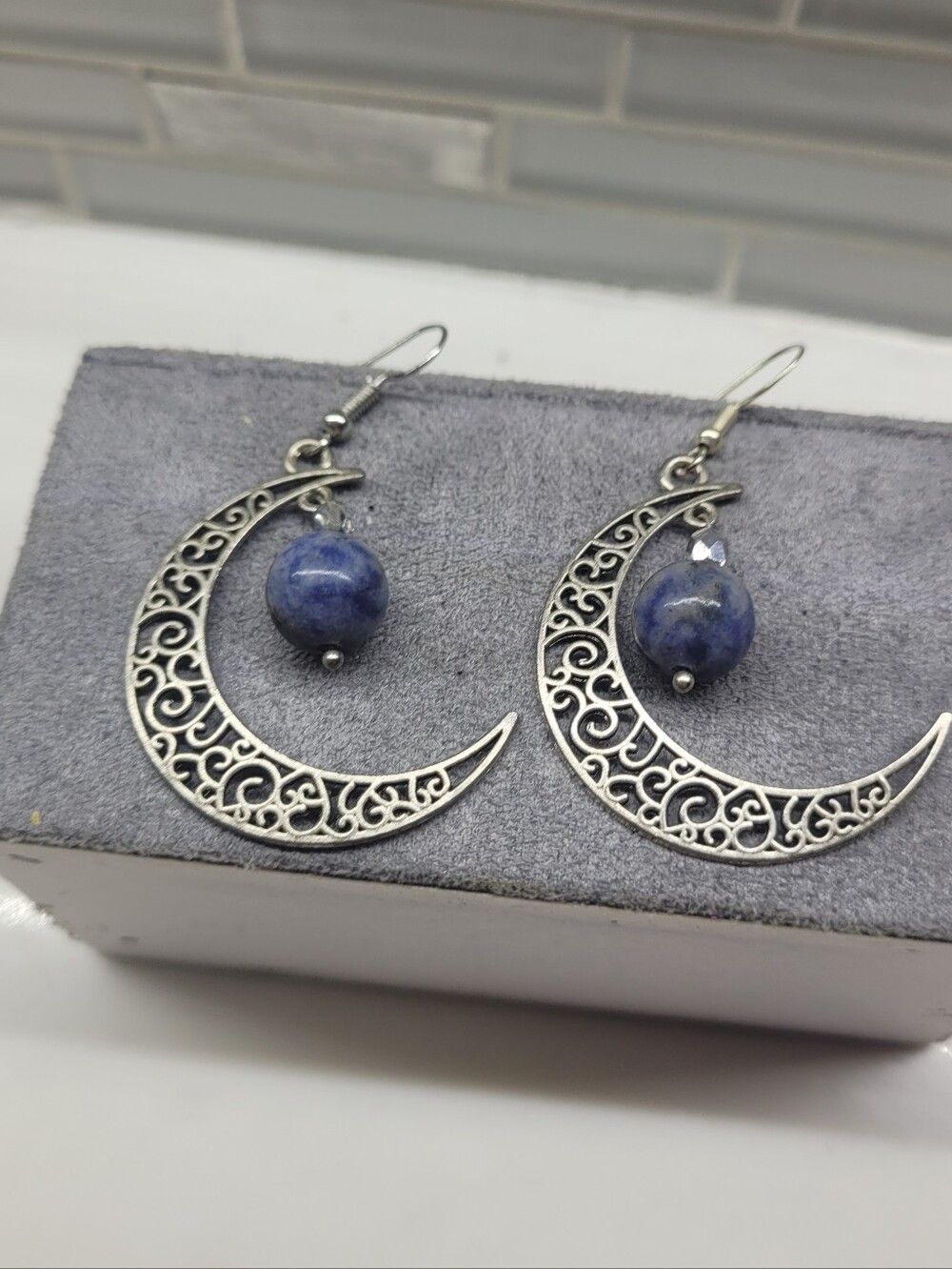 Moon Crescent Filigree Earring With Sodalite Blue Drop With Metal Facited Bead